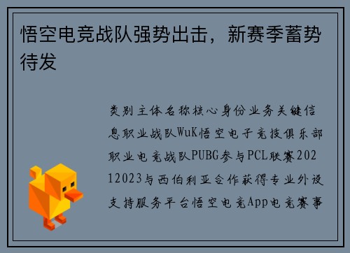 悟空电竞战队强势出击，新赛季蓄势待发